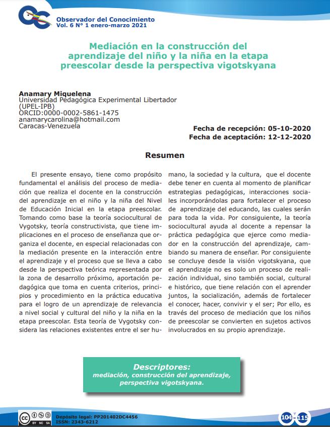Análisis del proceso de mediación que realiza el docente en la construcción  del aprendizaje en el niño y la niña del Nivel  de Educación Inicial en la etapa preescolar