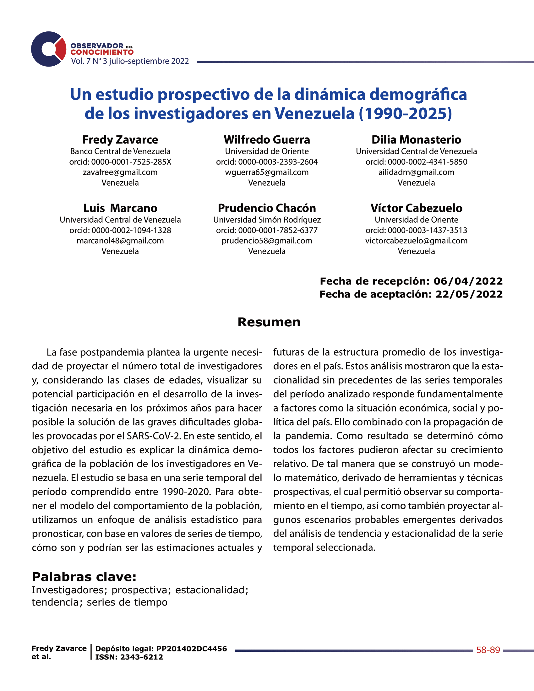  Un estudio prospectivo de la dinámica demográfica  de los investigadores en Venezuela 